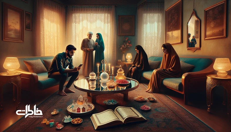 تصویر خواستگاری سنتی در عصر دایرکت با سفرهٔ ایرانی، آینهوشمعدان و گوشی هوشمند؛ پیوند آداب قدیمی و تکنولوژی برای ساختن خاطرات مشترک