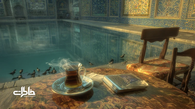 حیاط ایرانی در غروب با فنجان چای و قاب عکس، تصویر مفهومی دلتنگی و تبدیل فقدان به رشد فردی و نوستالژی