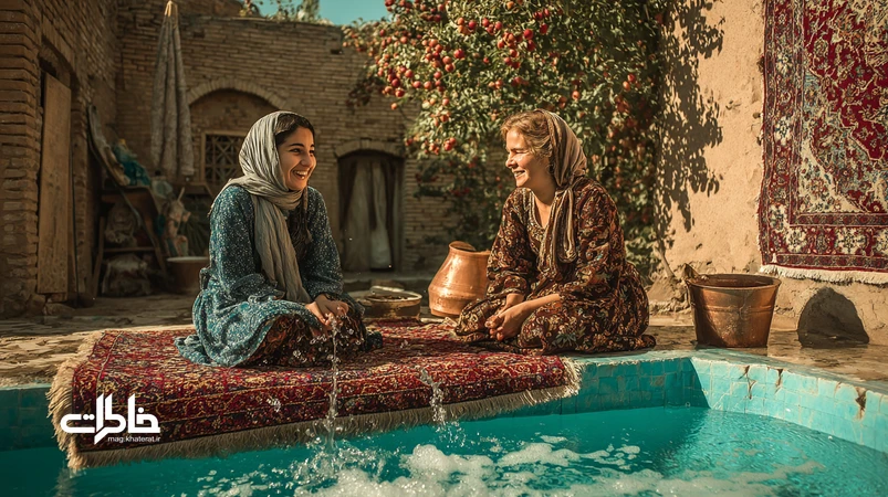 زنان ترکزبان در حیاط ایرانی کنار حوض فیروزهای در حال شستن قالی؛ گفتوگوهای زنانه با لهجه نرم، کف صابون و صدای آب بهعنوان حافظه شنیداری.مجله خاطرات