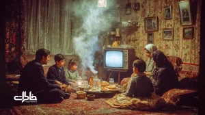 اتاق نشیمن نوستالژیک ایرانی با تلویزیون سیاه‌وسفید و برفک، خانواده دورهم با چای و نان داغ؛ بازآفرینی آیین تماشای جمعی و خاطرات مشترک