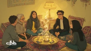 گفت‌وگوهای بی‌قید و شرط در خانه‌ای ایرانی با نور زرد و چای شیرین؛ جمعی صمیمی در حال دل‌گشودن و ساختن خاطرات مشترک.