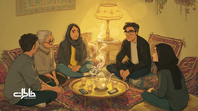 گفت‌وگوهای بی‌قید و شرط در خانه‌ای ایرانی با نور زرد و چای شیرین؛ جمعی صمیمی در حال دل‌گشودن و ساختن خاطرات مشترک.