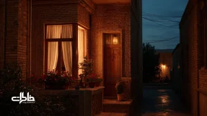 کوچه ایرانی در غروب با چراغ ایوان گرم و پنجره روشن؛ پیوند روشنایی بیرون با آرامش درون و حضور همدلانه محله