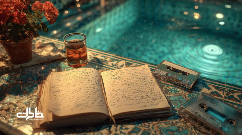 تصویر نوستالژیک از حیاط ایرانی در گرگ‌ومیش؛ دفتر باز با دست‌خط فارسی و استکان چای، نماد نوشتن دلتنگی‌های بدون‌اسم برای ثبت خاطره نه زخم