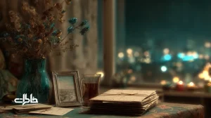 تصویر نامه‌های نفرستاده روی میز چوبی با فنجان چای و قاب عکس نقره‌ای؛ نماد دلتنگی مهاجرت و رابطه‌های دور اما زنده