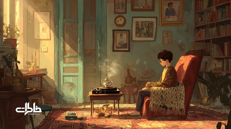 تصویر نوستالژیک از اتاق نشیمن ایرانی با صندلی خالی و ضبط صوت روی قالی؛ اشاره به گفت‌وگوهای انجام‌نشده با نسل قبل و ثبت خاطرات خانوادگی