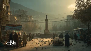 صحنه‌ای از یک میدان شهری ایران با پل پیاده‌رو و مجسمهٔ شاخص در غروب؛ ملاقات‌ها و خداحافظی‌ها، فروشندهٔ چای و سایه‌های کشیده؛ نمادی از حافظهٔ شهری