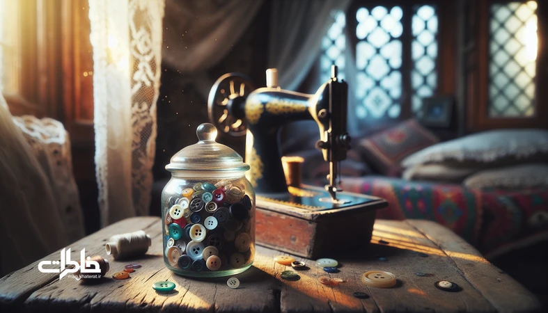 ظرف دکمههای قدیمی روی میز چوبی با چرخ خیاطی قدیمی در پسزمینه؛ نماد وصلهزدنِ زندگی و حافظهٔ خانهٔ ایرانی