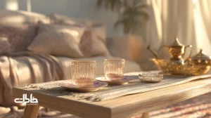 استکان کمربندی و نعلبکی گل‌سرخی روی میز مدرن با نور عصرانه؛ پیوند نوستالژی، طراحی ایرانی و خاطرات چای.