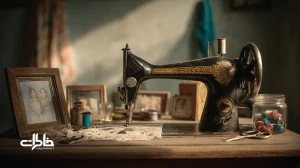 چشم‌انداز نوستالژیک از چرخ خیاطی دستی روی میز چوبی در خانهٔ ایرانی با پارچهٔ توری، دکمه‌های رنگی و متر خیاطی؛ تجسم ریتم تیک‌تاک و خاطرات