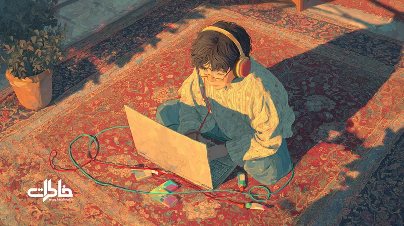تصویر مدرسه مجازی و زنگ تفریح آنلاین با یادآوری خاطرات حیاط مدرسه؛ کودک با لپ‌تاپ، طناب‌رنگی و سایهٔ زنگ فلزی در فضایی نوستالژیک ایرانی
