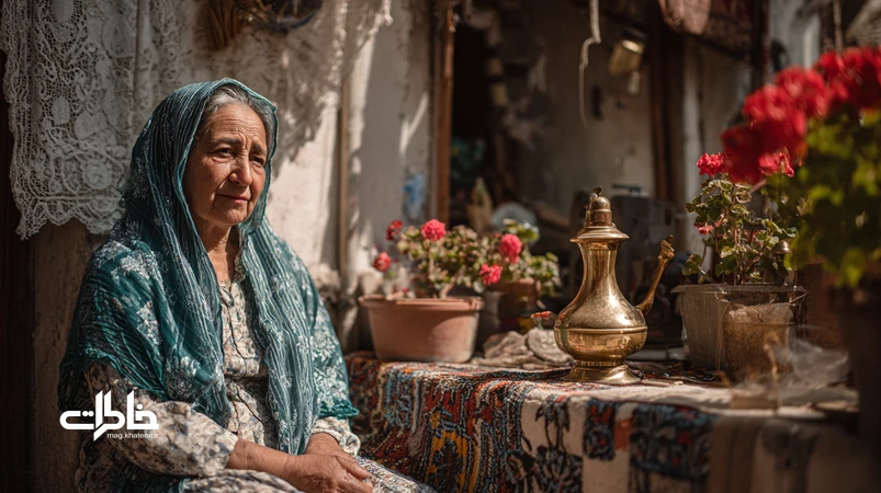 مادربزرگ ایرانی در خانهٔ سنتی کنار سماور و چرخ خیاطی، واژه‌های محلی معلق در هوا؛ دایره‌المعارف کوچک گویش‌های محلی و خاطرات خانوادگی.مجله خاطرات