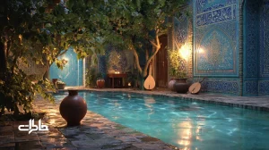 آب و سفال در زیبایی‌شناسی ایرانی؛ حوض فیروزه‌ای با کوزه سفالی و بازتاب نور، پیوند هنر، موسیقی و آیین‌های خانه ایرانی