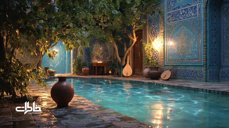 آب و سفال در زیبایی‌شناسی ایرانی؛ حوض فیروزه‌ای با کوزه سفالی و بازتاب نور، پیوند هنر، موسیقی و آیین‌های خانه ایرانی