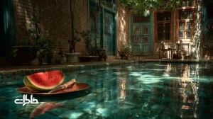 حیاط ایرانی با حوض فیروزه‌ای و هندوانهٔ نیمه‌غوطه‌ور در آب؛ نماد خنکی تابستان‌های قدیم و نوستالژی «هندوانه در حوض».