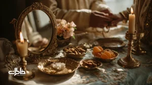 سفره عقد ساده در خانه با آینه و شمعدان، شمع‌های روشن، قندسابی و یادگارهای خانوادگی؛ نماد روشنایی و پیوند در عروسی کم‌هزینه.