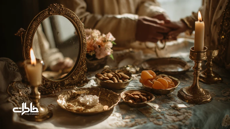 سفره عقد ساده در خانه با آینه و شمعدان، شمع‌های روشن، قندسابی و یادگارهای خانوادگی؛ نماد روشنایی و پیوند در عروسی کم‌هزینه.