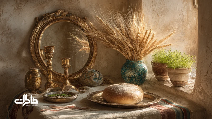 خوشه گندم کنار آینه و شمعدان روی طاقچه با سفره ایرانی ساده و نان تازه؛ نماد برکت، بوی نان داغ و «نان و نمک» در خانههای قدیمی