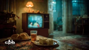 اتاق نشیمن ایرانی با نور زرد، تلویزیون قدیمی و چای شیرین در کنار بوی نان داغ؛ تصویر نوستالژیک از ماندگاری سکانس‌ها و تسلای سینما در زندگی ایرانی.
