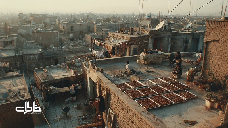 صحنهای مردمنگارانه از پشتبام ایرانی با سینیهای لواشک تازه در باد، کودکان و رفتوآمد همسایهها در نور عصرگاهی؛ روایت کارخانهی خانگی.مجله خاطرات