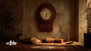 ساعت دیواری چوبی در خانه قدیمی ایرانی با نور گرم چراغ نفتی و فرش ایرانی؛ بازتاب حس تیک‌تاک آرام و نوستالژی فضاهای سنتی.