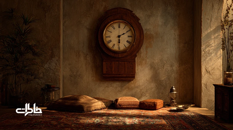 ساعت دیواری چوبی در خانه قدیمی ایرانی با نور گرم چراغ نفتی و فرش ایرانی؛ بازتاب حس تیکتاک آرام و نوستالژی فضاهای سنتی.