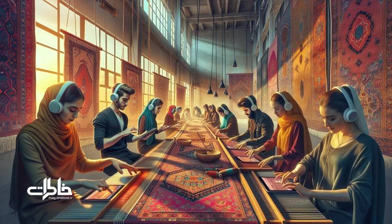 تصویر تلفیق کارگاه قالیبافی و فضای کار مدرن با همخوانی سرودهای کار؛ نمایش ریتم جمعی، پلیلیست بهرهوری نسل امروز، نواهای محلی و فرهنگ ایرانی