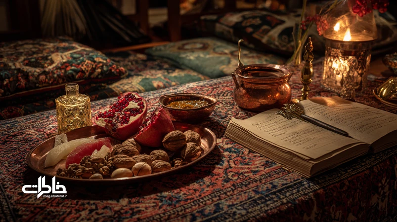 شب یلدا با بازی‌های یلدایی: قاشق‌زنی نمادین، حافظ‌خوانی و قصه‌گویی کنار کرسی در یک آپارتمان گرم و صمیمی.