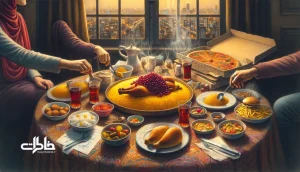 سفرهٔ ایرانی با دیس زرشک‌پلو با مرغ و کنار آن جعبهٔ فست‌فود؛ تقابل سنت و سرعت در سفرهٔ ایرانی امروز با رنگ‌های زعفرانی و زرشکی