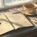 «صحنه ای نوستالژیک از یک میز تحریر با یک تقویم کاغذی، صفحه مچاله شده، فنجان چای و دفترچه یادداشت قدیمی در نور ملایم زمستانی، که خاطرات و گذر زمان را منعکس می کند.». مجله خاطرات