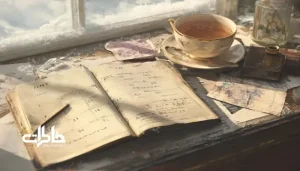 «صحنه ای نوستالژیک از یک میز تحریر با یک تقویم کاغذی، صفحه مچاله شده، فنجان چای و دفترچه یادداشت قدیمی در نور ملایم زمستانی، که خاطرات و گذر زمان را منعکس می کند.». مجله خاطرات