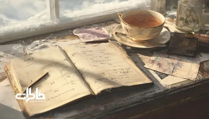 «صحنه ای نوستالژیک از یک میز تحریر با یک تقویم کاغذی، صفحه مچاله شده، فنجان چای و دفترچه یادداشت قدیمی در نور ملایم زمستانی، که خاطرات و گذر زمان را منعکس می کند.». مجله خاطرات