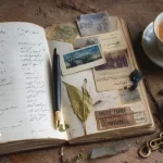 "دفتر اولین‌ها با نوشته‌های شخصی، بلیت اتوبوس، برگ خشک، عکس و کلید قدیمی بر روی میز چوبی با فنجانی چای و شمع، فضایی گرم و دلنشین ایجاد کرده است."مجله خاطرات