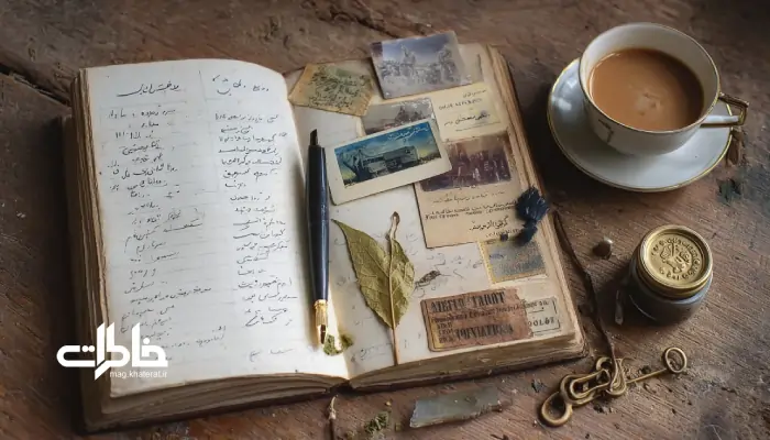 "دفتر اولین‌ها با نوشته‌های شخصی، بلیت اتوبوس، برگ خشک، عکس و کلید قدیمی بر روی میز چوبی با فنجانی چای و شمع، فضایی گرم و دلنشین ایجاد کرده است."مجله خاطرات