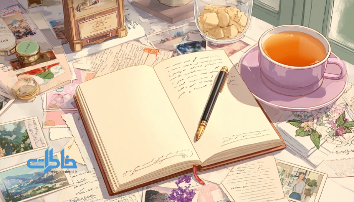 "مجله خاطرات - تصویری نوستالژیک از دفتر قدیمی با قلم، عکس‌های قدیمی، فنجان چای داغ و لوازم خاطره‌انگیز که در نور شمع نرم قرار دارند."