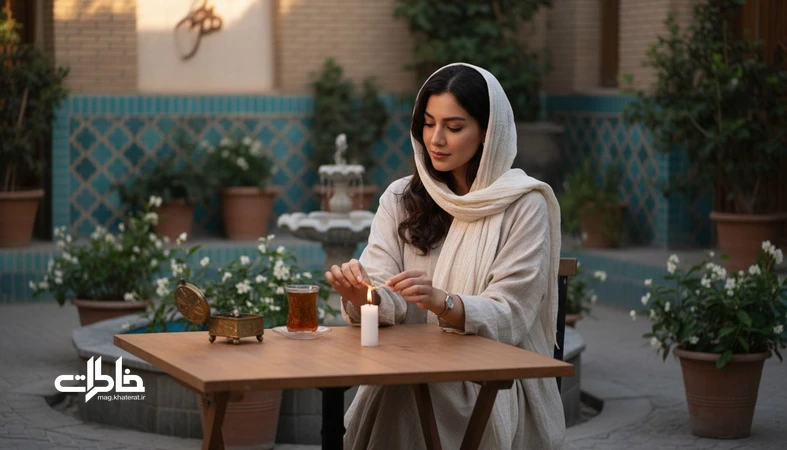 تصویر دختری ایرانی در حیاط خانه با شمع روشن؛ روایت بصری معنی اسم افروز و حس نورِ آرام و خاطره‌ساز