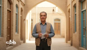 تصویر مرد ایرانی به نام احمد در کوچه‌ای آفتابی با حس اعتماد و نوستالژی؛ مناسب مقاله «احمد؛ حضوری که بی‌صدا اعتماد می‌آفرید»