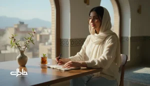 تصویر دختری ایرانی در حال نوشتن یادداشت با حس شادی ماندگار؛ مناسب مقاله درباره معنی اسم انوشه و خاطره‌های روشن