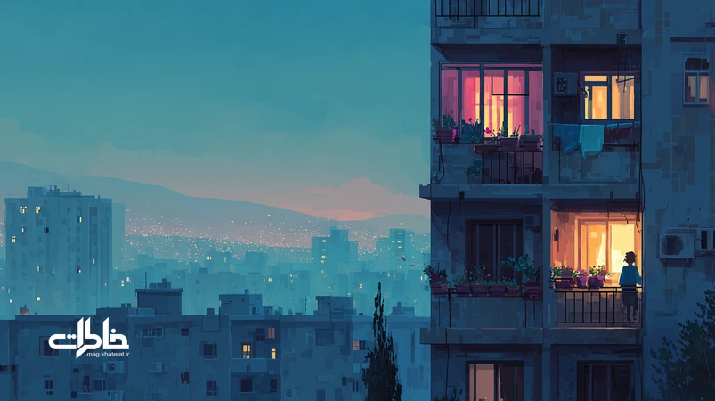 نمایی از بالکن یک آپارتمان ایرانی با گلدان‌ها و برج‌های روبه‌رو، نمادی از ادبیات آپارتمانی و گذار از خانه حیاط‌دار به زندگی آپارتمانی