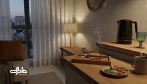 فضای یک آپارتمان ایرانی با نور گرم، گوشه ورودی، پنجره و آشپزخانه برای آیین های کوچک و ساختن حس خانه در روزهای تکراری شهر