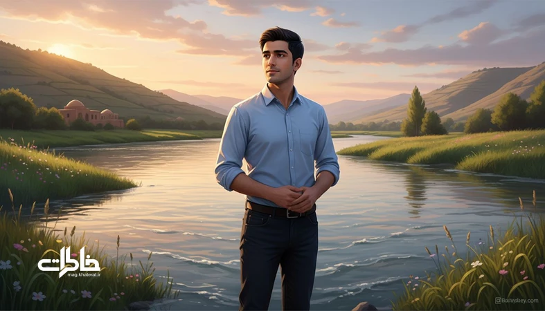 تصویر طبیعت‌محور از رود ارس و مرد جوان ایرانی با حس آرامش؛ مناسب مقاله «آراس؛ جریانی آرام رو به جلو» درباره معنی اسم آراس و خاطره‌سازی