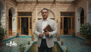 تصویر مرد ایرانی با حس وقار و آرامش در حیاط خانه سنتی؛ مناسب مقاله نوستالژیک درباره معنی اسم اردشیر و حس قدرت آرام