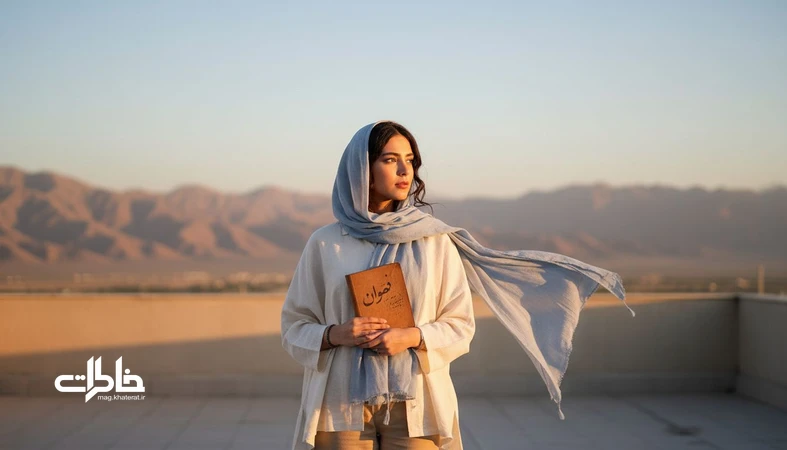 تصویر احساسی و روشن از یک زن ایرانی در فضای باز با دفترچه یادداشت؛ مناسب مقاله معنی اسم آریانا و حس خاطره‌ساز آن
