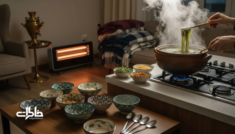 آش رشته شبهای سرد در خانه ایرانی با بخار قابلمه، کاسهها و نعناعداغ و پیازداغ؛ روایت یک دورهمی بیتکلف