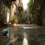 کوچه قدیمی آسفالت‌شده در محله‌ای ایرانی با توپ پلاستیکی و لی‌لی؛ نمادی از نوستالژی شهری و خاطره جمعی