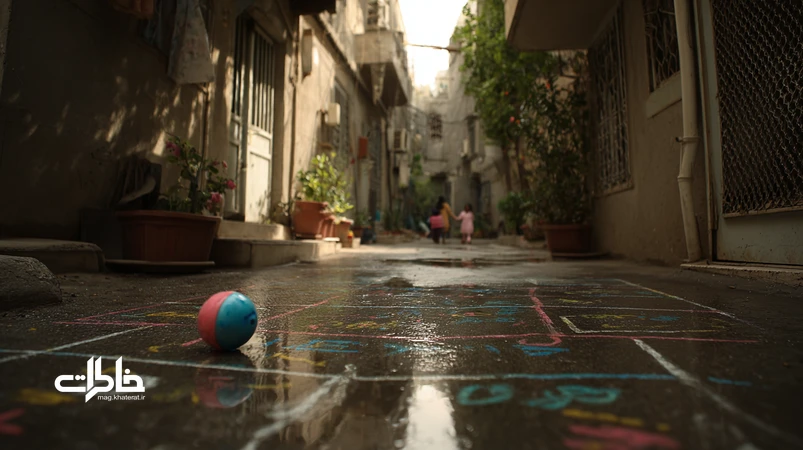 کوچه قدیمی آسفالت‌شده در محله‌ای ایرانی با توپ پلاستیکی و لی‌لی؛ نمادی از نوستالژی شهری و خاطره جمعی