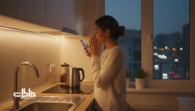 خاطره نویسی صوتی با گوشی در آشپزخانه؛ ثبت احساس با صدا و ضبط ویس برای نگهداری خاطرات.مجله خاطرات