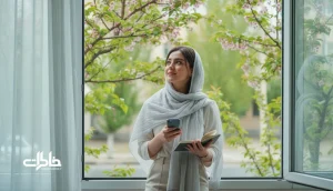 تصویر شاخص درباره اسم «بهار»؛ دختری ایرانی کنار پنجره باز با دفترچه یادداشت و شکوفه‌های بهاری، نماد شروع دوباره و خاطره‌سازی