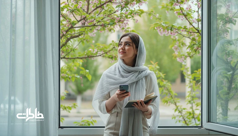 تصویر شاخص درباره اسم «بهار»؛ دختری ایرانی کنار پنجره باز با دفترچه یادداشت و شکوفه‌های بهاری، نماد شروع دوباره و خاطره‌سازی