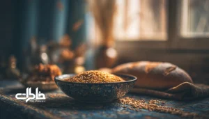 تصویر نوستالژیک دانه‌های گندم و نان تازه روی سفره با نور صبحگاهی. مجله خاطرات